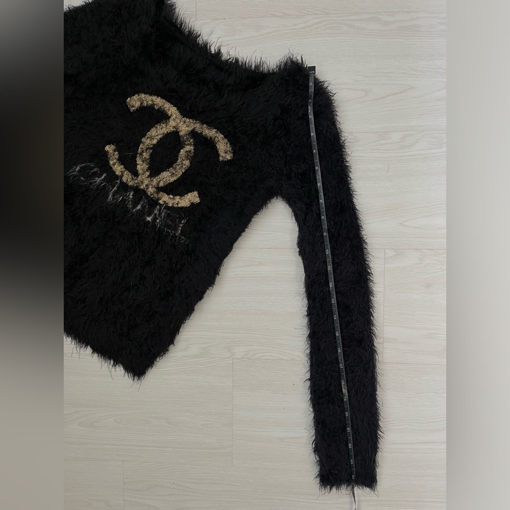 CHANEL Black Fuzzy Off the shoulder Sweater with Gold Emblem - Picture 8 of 8